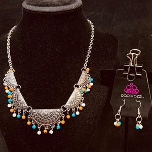 Paparazzi Silver Tone, Blue, Orange And White Necklace & Earring Set (4135)